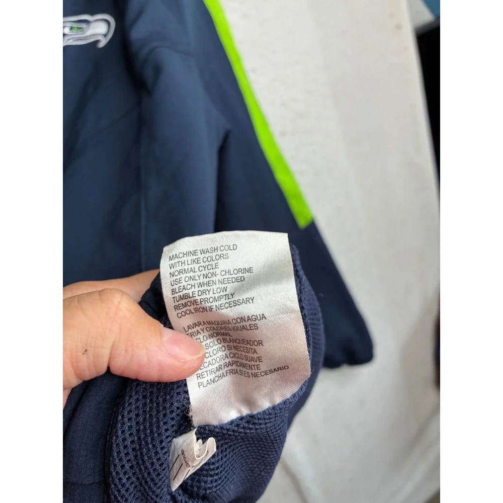 NFL Seattle Seahawks Windbreaker Jacket Navy Blue Neon Green Full Zip Hooded L